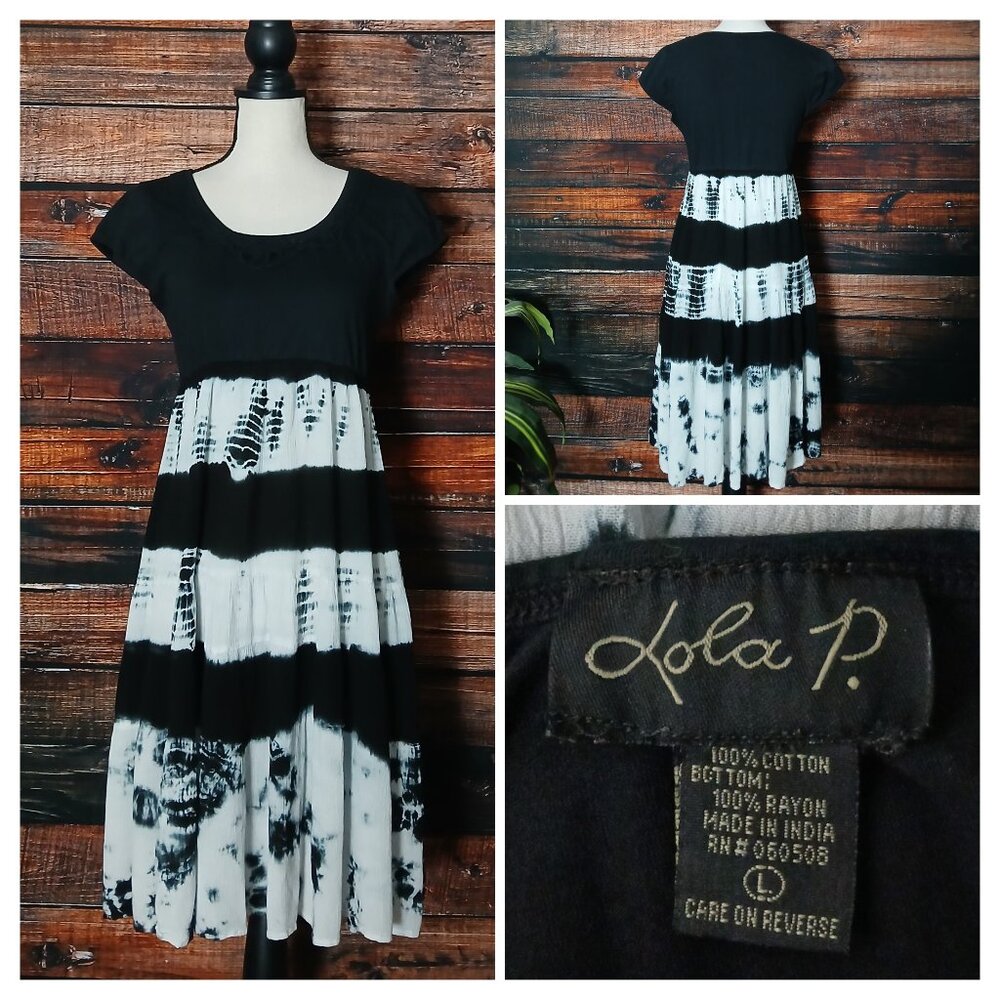 Lola P Dress L Boho Black White Tie Dye Cap Sleeve Tiered Rayon Cotton